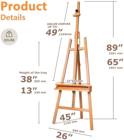 DJAR Large Painters Easel for Painting, Holds Canvas up to 49", Natural | Sturdy Solid Beech Wood Studio Floor Display Stand, Adjustable Artist Easel with Storage Tray, Ideal for Adults and Students