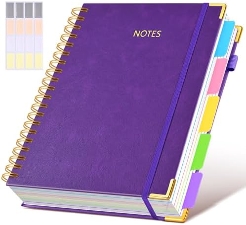 Hardcover Spiral Notebook 8.5"x11" Journal with Removable Dividers Tabs, 300 Pages Leather 5 Subject Notebook College Ruled, Large Notebooks for Work School, Lined Journal for Women, A4 Dark purple