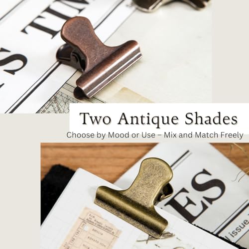 Vintage Metal Clips Set of 6 with Storage Tin – Antique Copper & Patina Bronze Colors – Binder Clips for Paper, Bags, Journals, Crafts & Office Use