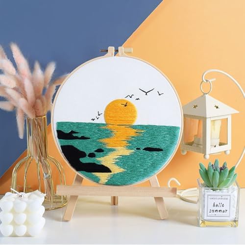 FONNUY 2 Set Embroidery Kit DIY for Adult Beginner, Pre-Stamped Patterns Mountain Sea Embroidery Kits with Hoop, Colored Threads and Needles, Easy to Follow Needlework (Blue)
