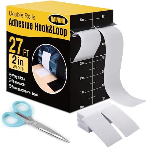 Navona 27Ft x 2 Inch Hook and Loop Strips with Adhesive, Heavy Duty Self Adhesive Tape with Back, Strong Sticky Back Fastener Roll for Home, Office, School, Crafting, White