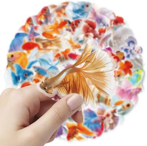 50pcs Goldfish Stickers for Laptop Water Bottles, Transparent PET Waterproof Adhesive Fish Decals Under Colorful Goldfishes Sticker for Kids Birthday Party Scrapbook Phone (Goldfish)