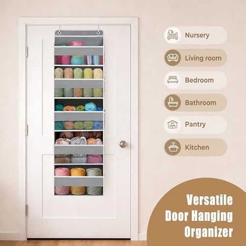 Over the Door Organizer, Hanging Yarn Storage, Large Capacity Knitting Organizer with 5 Mesh Side Pockets, Hanging Shelves for Yarn,Crochet Accessories and Knitting Supplies, Black