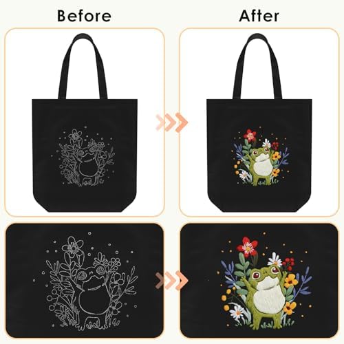 ERKOON Canvas Tote Bag Embroidery Kit for Beginners, Needlepoint Arts Crafts Cross Stitch Kits for Adults Including Stamped Embroidery Bag with Hoops, Needle, Instruction and Color Threads (Frog)