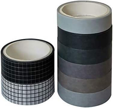 8 Rolls Washi Tape Set Basic Solid Color Black&White Plaid Grid Adhesive Decoration Label Masking Tapes for Journals Scrapbooks Planners Art Craft DIY Album Crafts Project