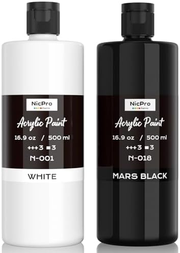 Nicpro White & Black Large Acrylic Paint (16.9 oz, 500 ml), Rich Pigments | Non Toxic Craft Paint for Multi Surface, Canvas, Wood, Leather, Fabric - Art Painting Supplies for Beginner, Artist & Adult