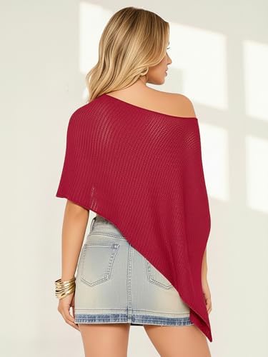 Milumia Women's Sheer Poncho Top Crochet Asymmetrical Off Shoulder Split Knit Top Swimsuit Coverup