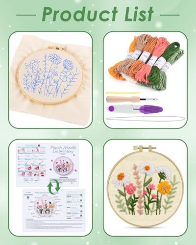 ERKOON Punch Needle Kit Beginners Adults, DIY Easy Flower Embroidery Set for Starter Art Craft, Needling Punching Project with Patterns, Tools, Yarns, Hoop, Instruction (Colorful Daisies)