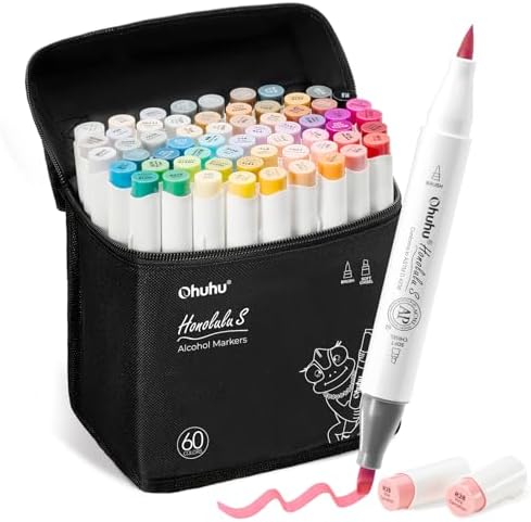 Ohuhu Alcohol Markers 60 Illustration Colors Brush Soft Chisel for Coloring | Dual Tips Art Markers for Artists Adults Coloring Illustration Drawing, AP Certified Refillable Alcohol-based, Honolulu S