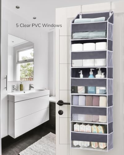ULG 1 Pack Over Door Organizer with 5 Large and 10 Mesh Side Pockets, 44 lbs Weight Capacity Hanging Storage with Clear Window Kids Toys, Shoes, Diapers, Dark Grey, 5 Layers