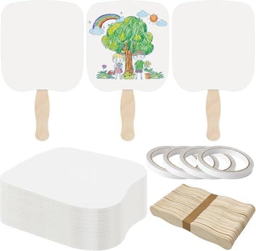 LOTMER 50 Sets Church Fans Handheld Kit | 100 Blank Cardstock Fan Sheets and 50 Wavy Wooden Sticks for DIY Painting, Custom Fans, Church Events and Craft Projects