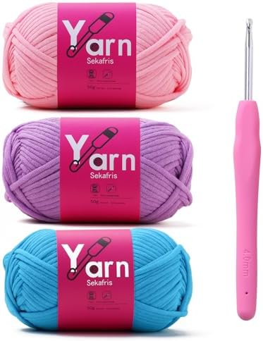 Crochet Yarn 150g/163.5yds Cotton - Chunky Yarn for Crocheting - Parfait Colors (Pink, Pale Purple, Lake Blue)