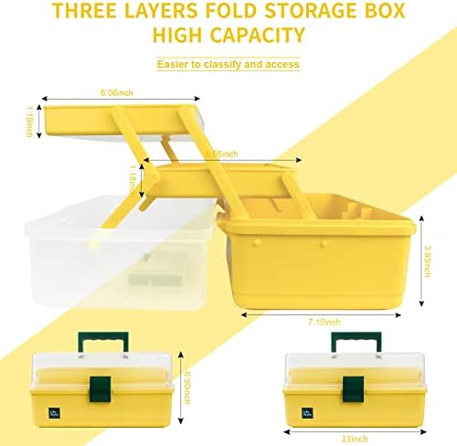 Creahaus 13 inch Art Craft Organizer Storage Box with 3 Layer, Multipurpose Plastic Tool Box with Handle for Sewing, Art Supply, Medicine, Nail, Hair Accessories (Yellow)