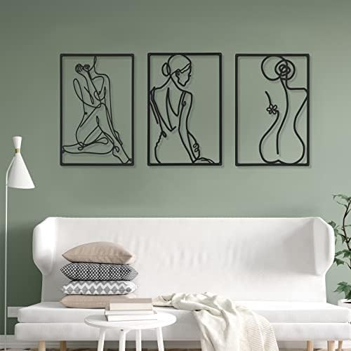 CHENGU 3 Pieces Metal Minimalist Abstract Woman Wall Art Line Drawing Wall Art Decor Single Line Female Home Hanging for Kitchen Bathroom Living Room
