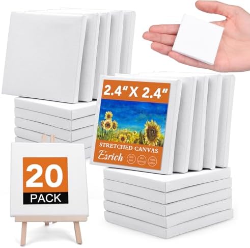 ESRICH Mini Stretched Canvas 20Pack 2.4x2.4inch, 2/5''Profile Art Primed Canvases for Painting, Cotton Small Professional Stretched Canvas for Kids and Art Supplies.