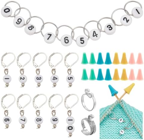 NBEADS Knitting Row Counter Chains Kits, Including 10Pcs Number Beads Stitch Markers 20Pcs Knitting Needle Stoppers 1Pc Counter Chains 2Pcs Yarn Guide Finger Holders for DIY Knitting