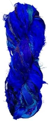 Maker's Craft Recycled Fuzzy Fringes Sari Silk Ribbon Yarn 35yards, 100Grams for DIY Knitting Crocheting Gift Wrapping, Christmas Decoration, Macrame Makers, Jewelry Making, Rugs Hooking (Indigo)