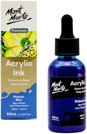 Mont Marte Acrylic Ink Premium 50ml - Phthalo Blue, Acrylic Inks for Artists, Fluoro Colors, Ideal for Air Brush, Pouring Art, Scrapbooking, Ink Drawing, Mixed Media