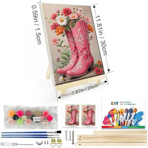 JOOZ Framed Paint by Numbers Kit for Adults, Pink Cowboy Boots Paint by Number with Easel, DIY Flowers Oil Painting by Numbers, Adult Paint by Number Kits Framed Canvas for Home Wall Decor 8x12 Inch