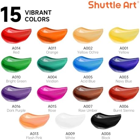 47 Pack Acrylic Paint Set, Shuttle Art 15 Colours (12ml Each, 2Pack) Acrylic Paint with 10 Brushes Painting Canvas Knife Palette Sponge, Complete Gift Set for Kids, Adults Painting Canvas, Ceramic