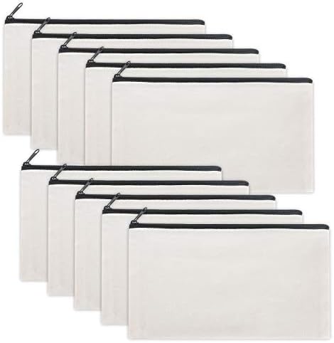 12 Pieces White Cotton Canvas Makeup Bag, Multipurpose Cosmetic Bag with Zipper Travel Toiletry Pouch, Blank DIY Craft Bag (White, S)