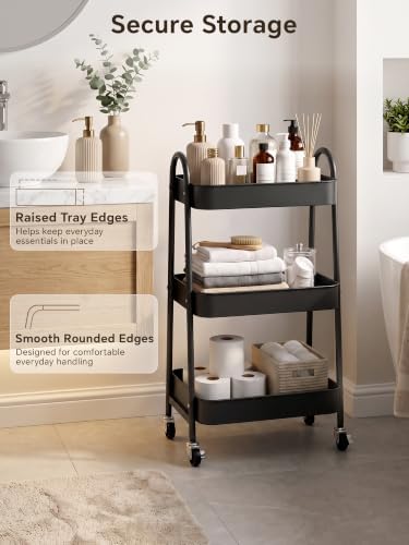 Booklov Rolling Makeup Cart Organizer, 3 Tier Utility Storage Cart, Black