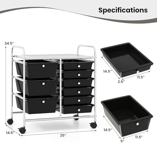 Giantex 9 Drawers Rolling Cart, Classroom Organizers, Storage Cart with Wheels, for Teacher Office Home School Supplies Tool Craft Art Paper, Black
