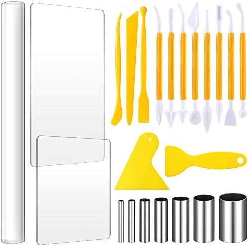 Honoson 23 Pcs Clay Sculpting Tools Set with Roller Cutters,Yellow | Acrylic Mat, Metal Round Cutters, Scraper Board, Ideal for Polymer Clay Crafts, Art Sculpting, Shaping and Modeling Projects