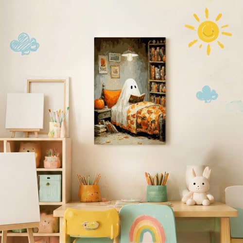 Spandrel Halloween Ghost Framed Paint by Numbers Kit for Adult, Vintage Paint by Number Kits on Canvas Ghost Reading, DIY Acrylic Oil Halloween Painting by Numbers Gifts for Home Wall Decor, 8x12in
