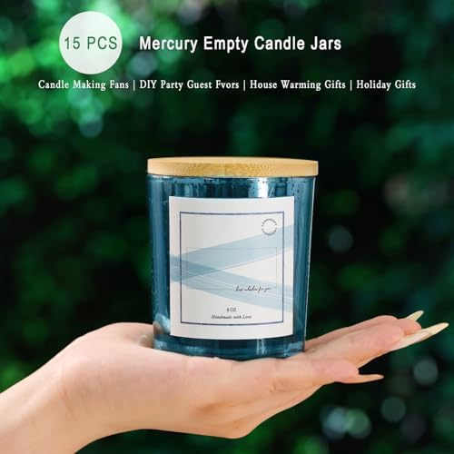 LAMORGIFT 15 Pack Glass Candle Jars with Lids (8oz, Lake Blue) - Candle Making Jars Containers for Making Candles - Mercury Glass Candle Jars Include 20 Pcs Labels