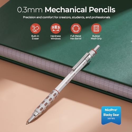 Nicpro Blocky Gear 0.3 mm Mechanical Pencils Set in Case
