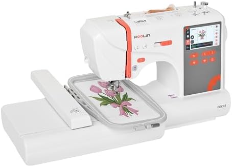 PooLin EOC03 Embroidery Machine 4x4 & 4x9.25 Embroidery Area for Beginners, Easy Operation System, 130 Built-in Designs, 8 Fonts, WiFi Design Transfer, Home DIY Embroidery Machine with Starter Kit