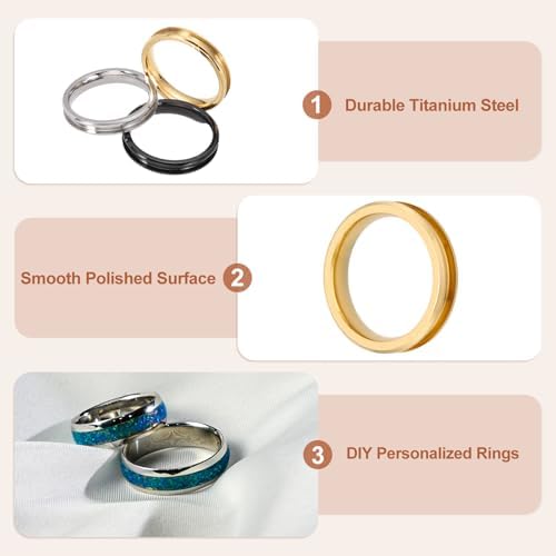 MECCANIXITY 3 Pcs Titanium Steel Ring Blank, 4mm Width Grooved Inlay Ring Blanks for Jewelry Making DIY Craft Supplies(Black/Gold/Silver, Size 5)