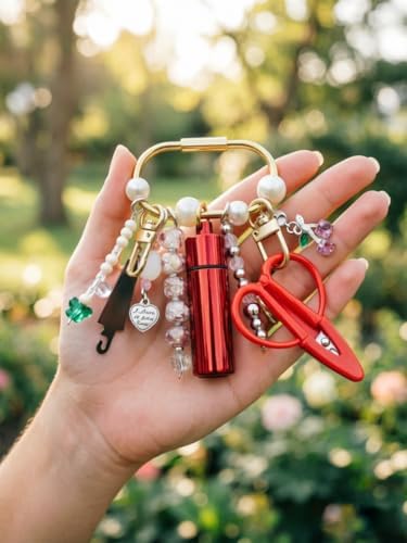MEYAGO Needlepoint Bag Charm Tool Kit with Mini Embroidery Scissors, Needle Threader, Needle Holder Tube & Gold Keyring, Portable Embroidery Accessories for Cross Stitch Sewing DIY Crafts (Red)