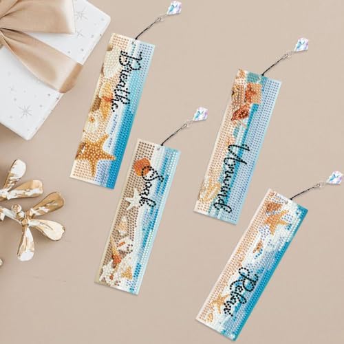 Mandun 4 Pcs Diamond Painting Bookmark Kits, Special Shaped Diamond Art Bookmarks with Pendant, DIY Beach Diamond Art Bookmarks with Tassels Crafts Gifts Supplies