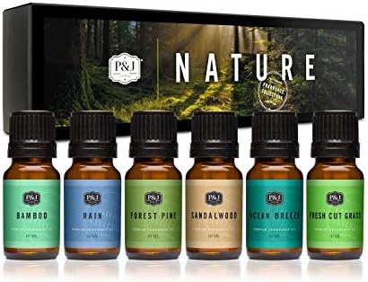 P&J Fragrance Oil Nature Set | Forest Pine, Ocean Breeze, Rain, Fresh Cut Grass, Sandalwood, and Bamboo Candle Scents for Candle Making, Freshie Scents, Soap Making Supplies, Diffuser Oil