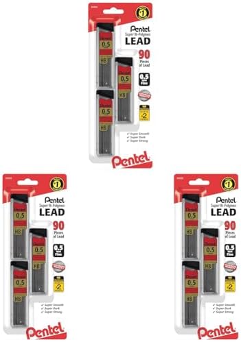Pentel Super Hi-Polymer Lead Refills, (0.5 mm), Fine, HB, Pack of 9, 90 Pieces (C25BPHB3-K6)