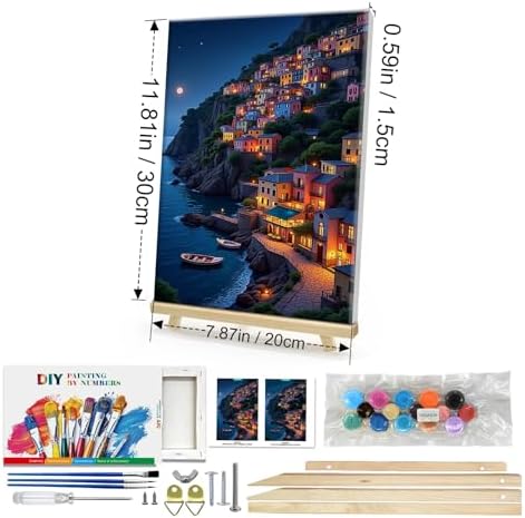 HeeBenor Framed Paint by Numbers Kit for Adults, Seaside Town Paint by Number with Easel, DIY Landscape Oil Painting by Number, Adult Paint by Number Kits Framed Canvas for Home Wall Decor 8x12 Inch