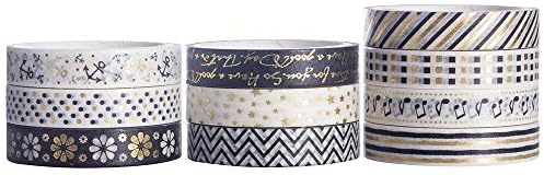 YUBBAEX 10 Rolls Sparkling Washi Tape Set 8mm Skinny Gold Foil Decorative Masking Washi Tapes for Journal,Scrapbook, Planner, DIY Crafts (Black & White)