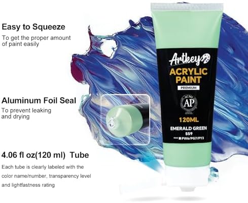 Artkey Acrylic Paint - Emerald Green (120 ml/4.06 oz) Tubes, Rich & Vibrant Pigments, Professional Artists Acrylic Paints - Art Supplies for Canvas Wood Rock Clay Fabric Ceramics Art Crafts Painting
