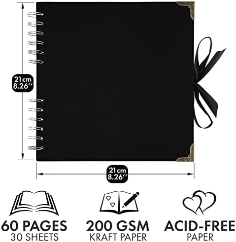 Scrapbook Album, 60 Pages, 8 x 8 Inch, Black Photo Album, Scrap Book | Hardcover with Thick 250 GSM Kraft Paper, Ideal for Your Scrapbooking Albums, Art & Craft Projects (Black, 8 x 8 Inch)