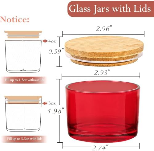 CONNOO 15 Pack 4oz Red Glass Candle Jars with Airtight Bamboo Lids