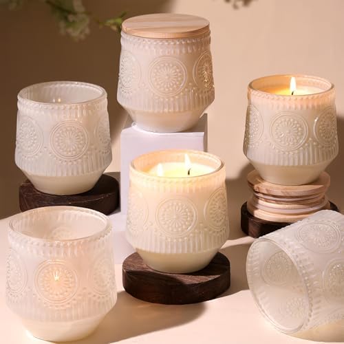 LAMORGIFT 6 Pack Milky White Candle Jars for Making Candles- Large 13.5oz Glass Jars with Wooden Lids and Labels, Empty Candle Jars, Candle Containers Vessels for Candle Making Supplies