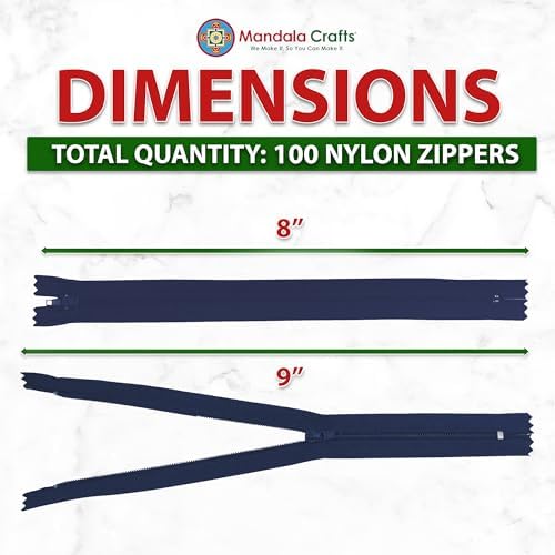 Mandala Crafts 100 PCs Navy Closed-End 8 Inches Nylon Zippers for Sewing