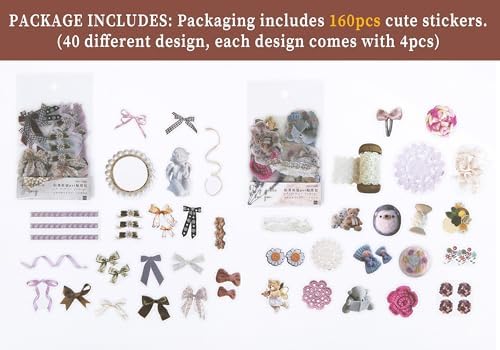 160PCS Cute Stickers, Vintage Ribbon Lace Knitting Bear Scrapbook Sticker Bow Home Decorative Decals for Scrapbooking Journaling Supplies Junk Journal Planners Crafts Gift for Adults Teen