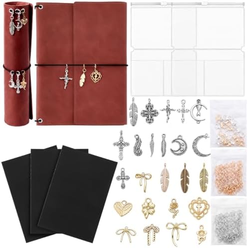 Eaasty A5 Journal Notebook and DIY Charm Kit Refillable Trifold Notebook Cover with 3 Blank Lined Grid Insert 2 Card Slots 24 Styles Journal Charms Lobster Clasps for Writing Travelers Jewelry Making