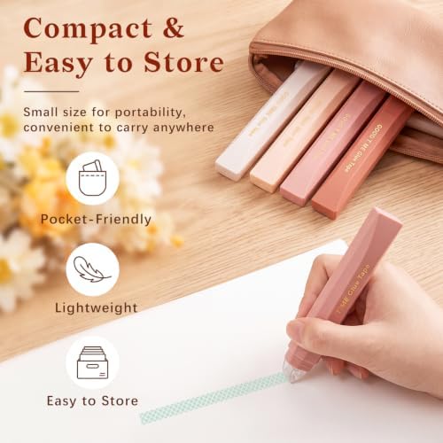 Temiary 4 Pack Double Sided Tape Pen, 16.4 Ft x 0.24 Inch Scrapbook Tape Roller for Crafts, Aesthetic Adhesive Glue Tape Pens for Scrapbooking School Office Journaling Supplies (Pink)