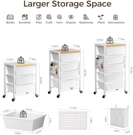 Rolling Cart with 4 Drawers, Plastic Drawer Storage Carts with Wheels & Wooden Tabletop, Metal Utility Cart with Pegboards, Office Living Room Classroom Craft Organization and Storage, Bright White