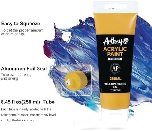 Artkey Acrylic Paint - Yellow Ochre (250 ml/8.45 oz) Tubes, Rich & Vibrant Pigments, Professional Artists Acrylic Paints - Art Supplies for Canvas Wood Rock Clay Fabric Ceramics Art Crafts Painting