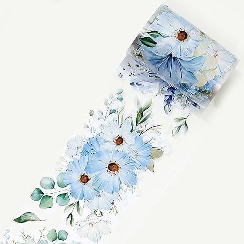 WT Serene Wide PET Tape, Single Roll, Original Designs, Watercolor Blue Flower Decorative Tape, Transparent Clear Adhesive Tape, Journal Scrapbook Bujo Planner DIY Craft Supplies